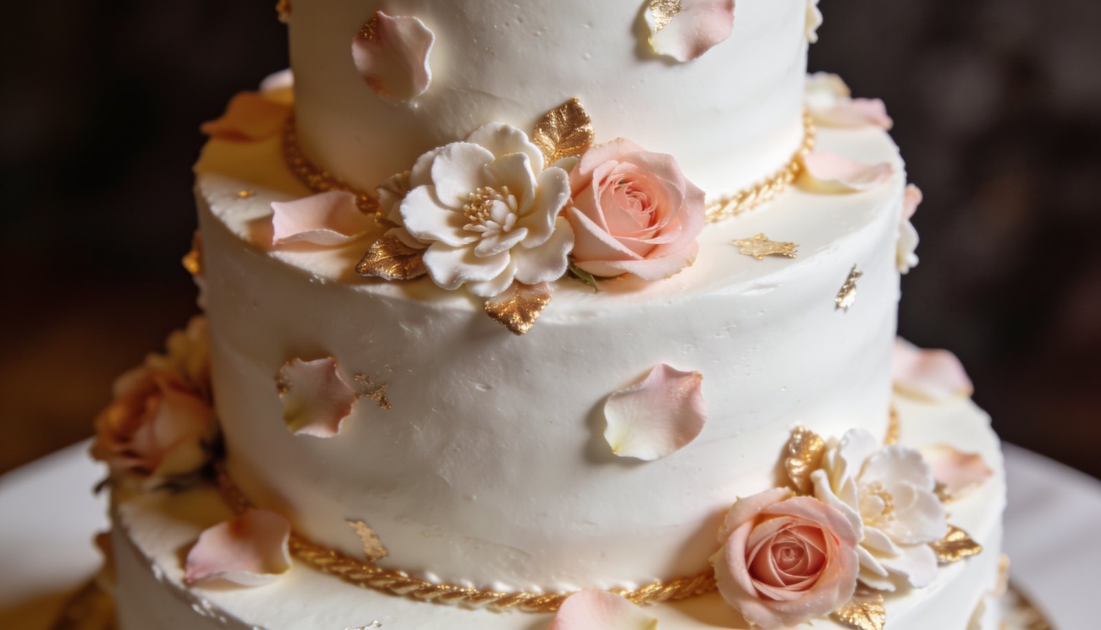 Elegant white wedding cake with blush roses and gold accents